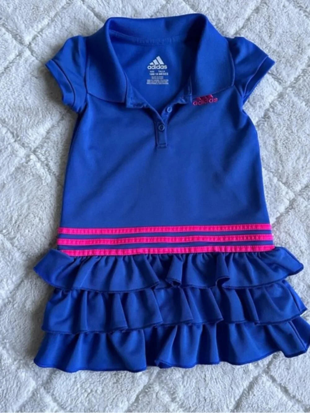 Adidas | Navy and Pink Pleated 3 Stripe Ruffle Polo Dress | Size 18 Months